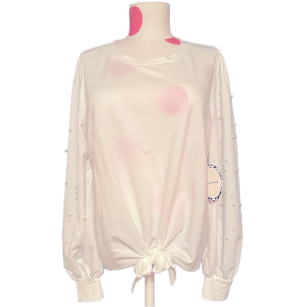 Skönhet White Pearl Embellished Balloon Long Sleeve Tie Knot Top